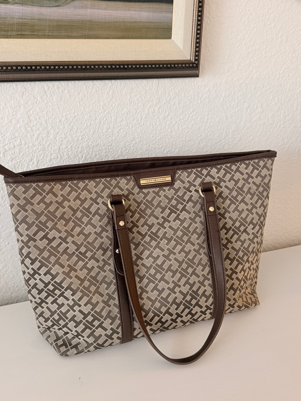 Tommy Hilfiger Beige and Brown Geometric Tote